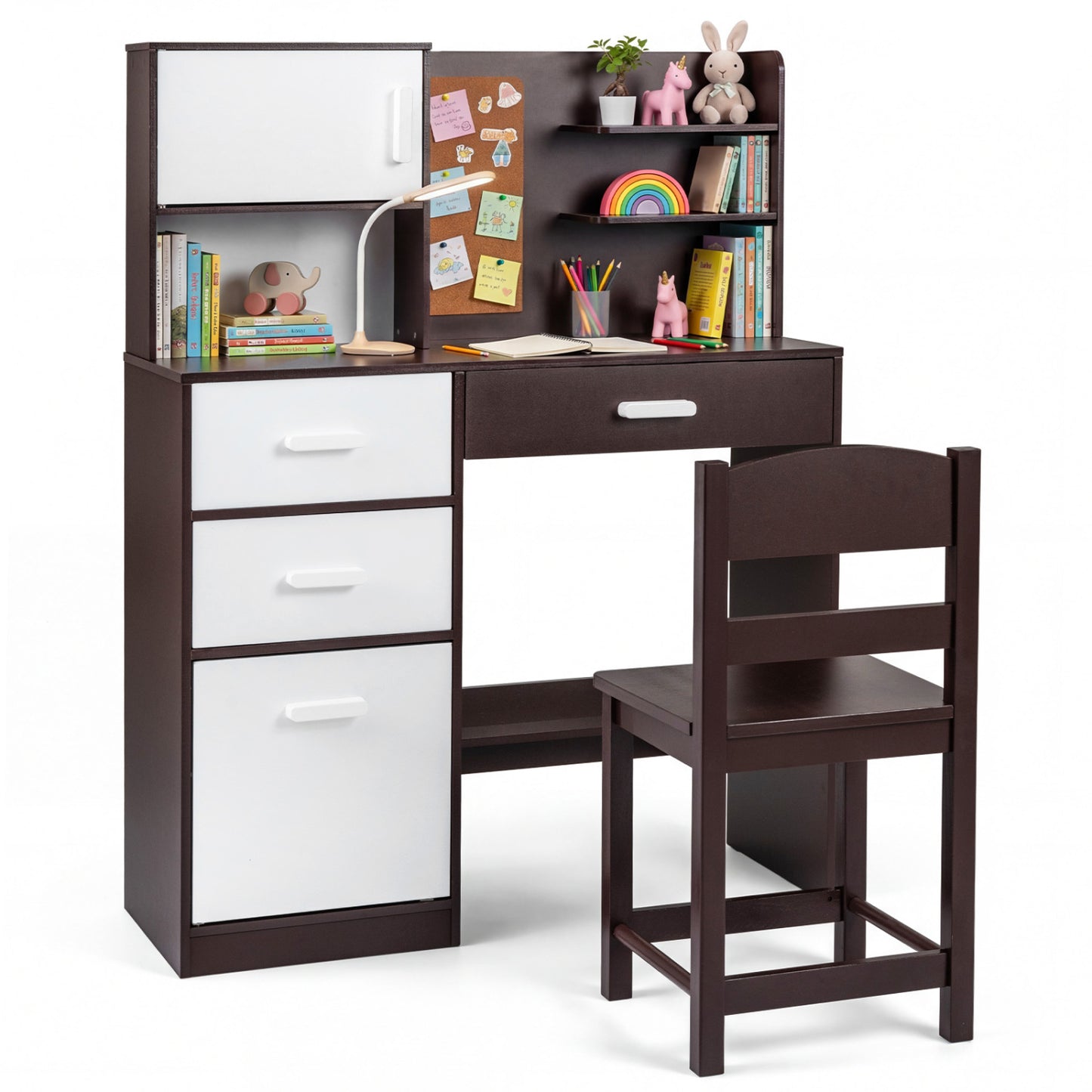 Kids Desk and Chair Set with Bulletin Board and 3 Drawers 2 Storage Cabinets-Rustic Brown