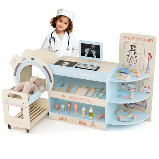 Kids Doctor Play Set Wooden Pretend Hospital Office Kit with Eye Chart Toy CT Machine-Blue
