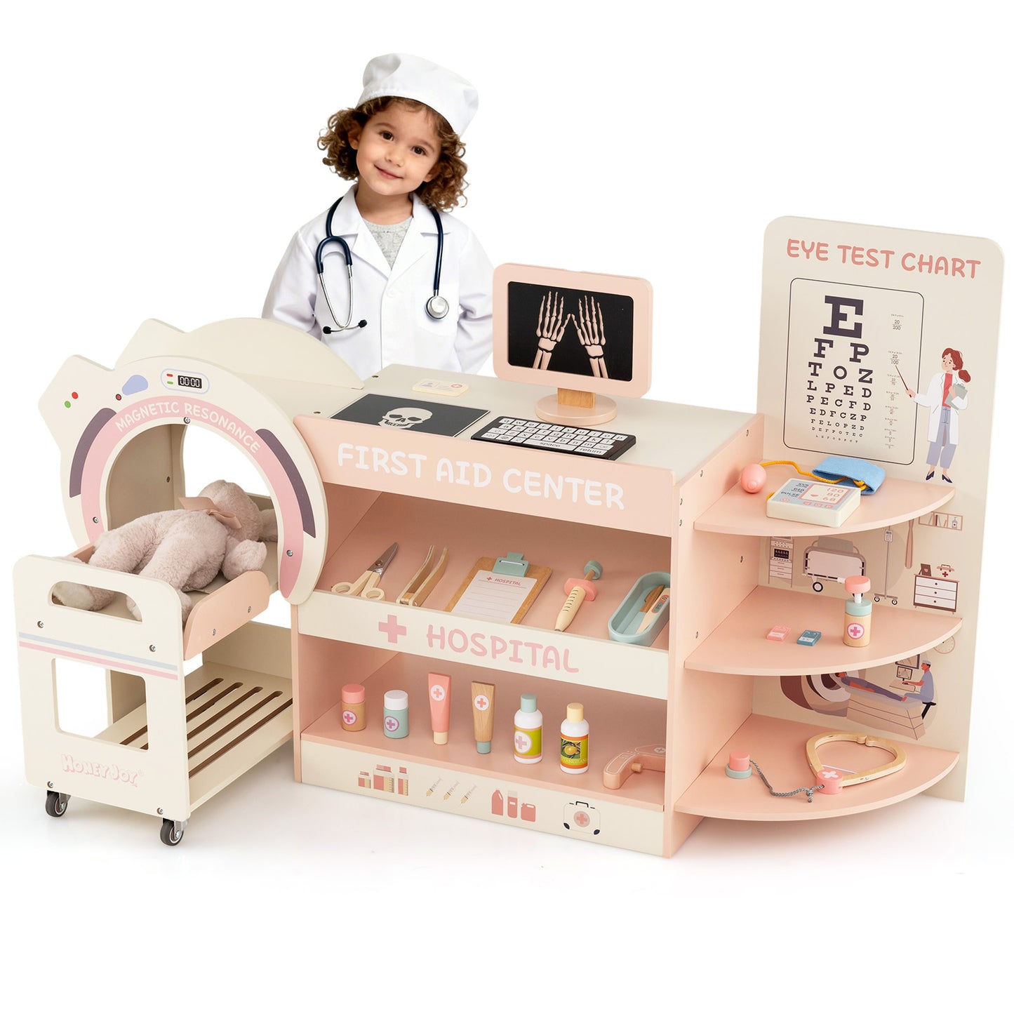 Kids Doctor Play Set Wooden Pretend Hospital Office Kit with Eye Chart Toy CT Machine-Blue