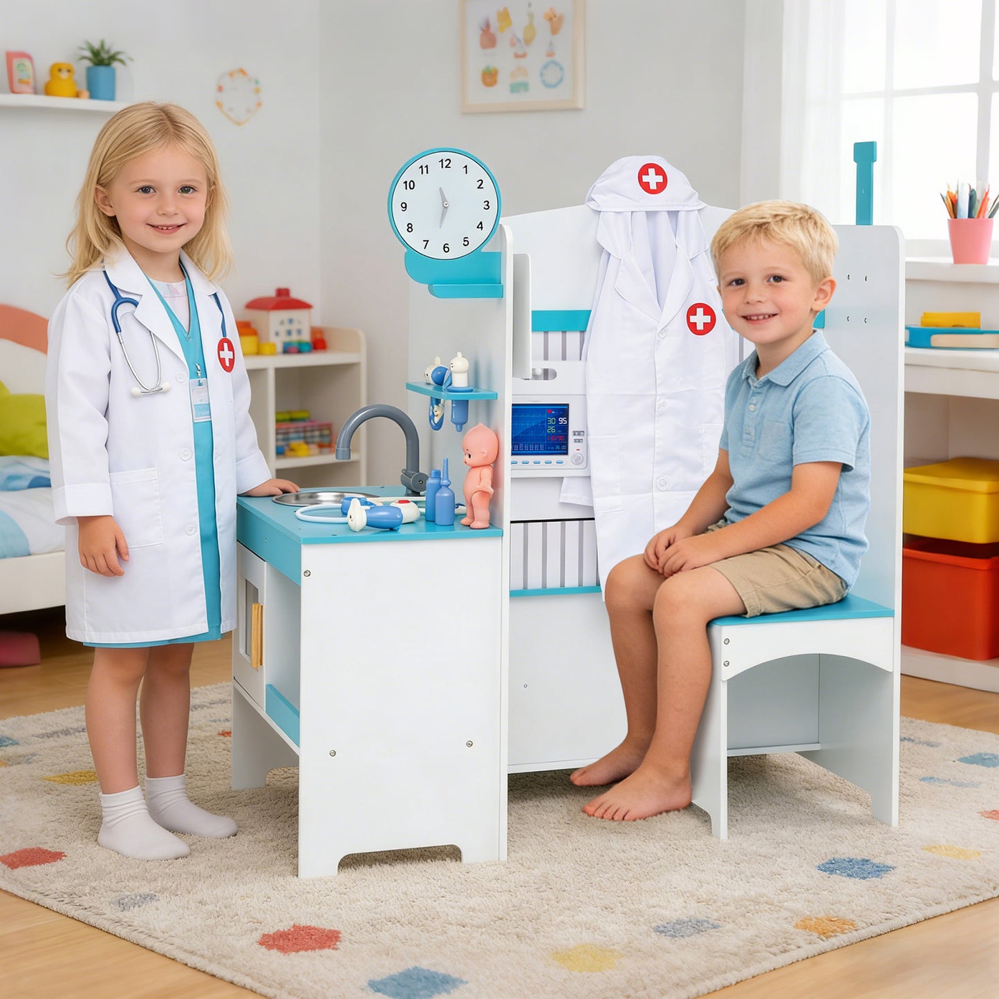 Kids Doctor Play Set with Adjustable Height Bar-Blue