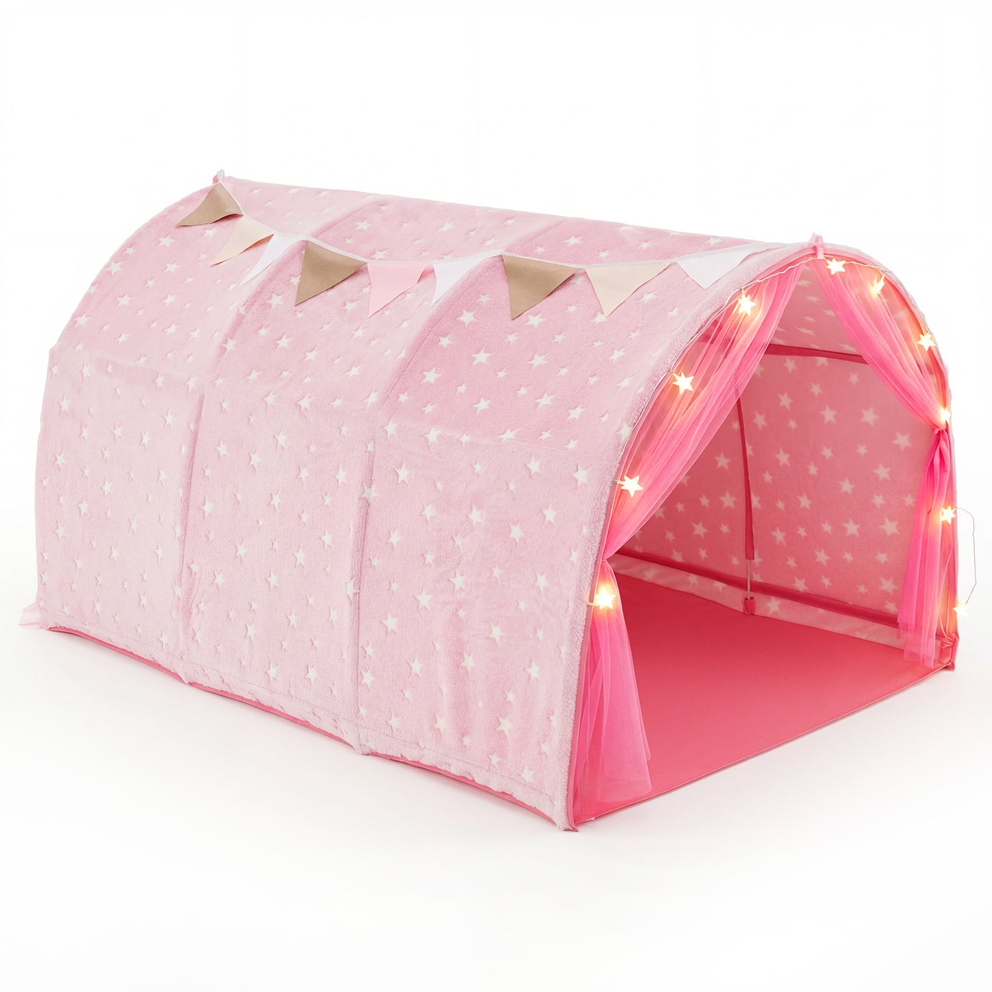 Kids Dream Bed Tent Twin Bunk Bed with Glow in the Dark Stars and Lights-Pink