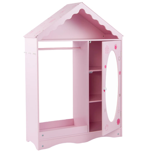 Kids Dress Up Storage with Mirror Roofed Wardrobe Closet with Open Hanging Rack-Pink