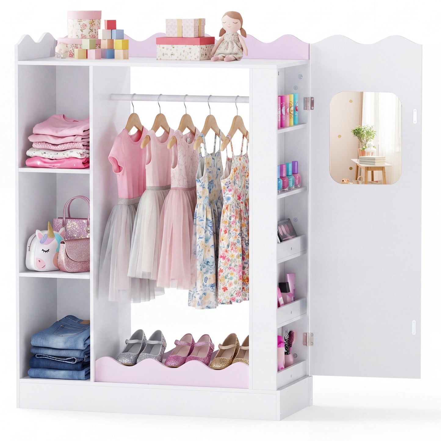 Kids Dress Up Storage with Mirrors and Hanging Rack and Shelves for Bedroom-Red