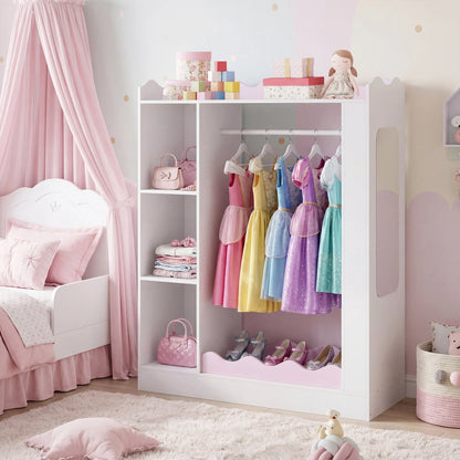Kids Dress Up Storage with Mirrors and Hanging Rack and Shelves for Bedroom-Red