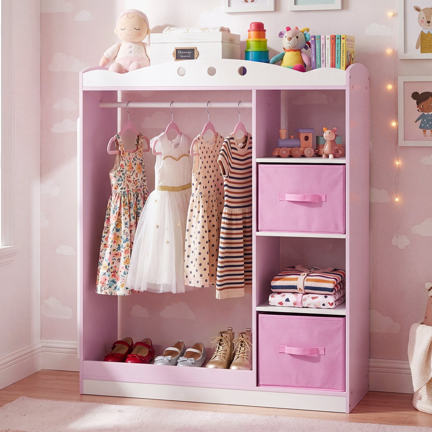 Pink kids dress-up storage with full-length mirror and open shelves, toddler and kids furniture by Wilsons Home Store