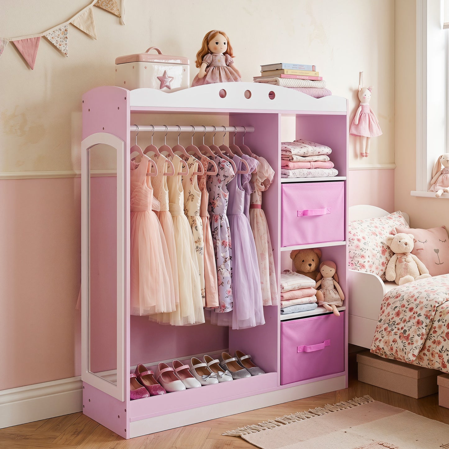 Pink kids dress-up storage with full-length mirror and open shelves, toddler and kids furniture by Direct by Wilsons Home Store