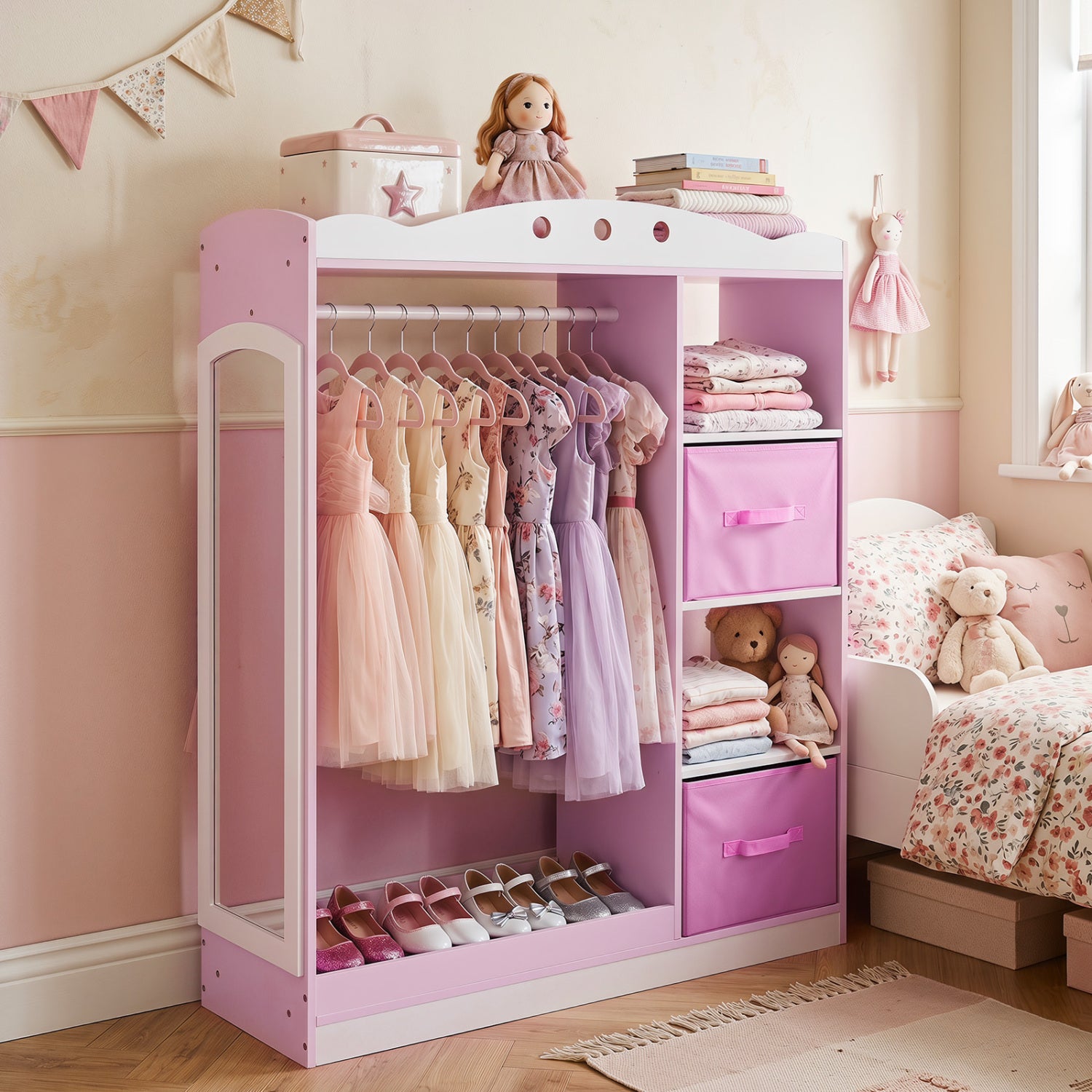 Pink kids dress-up storage with full-length mirror and open shelves, toddler and kids furniture by Direct by Wilsons Home Store