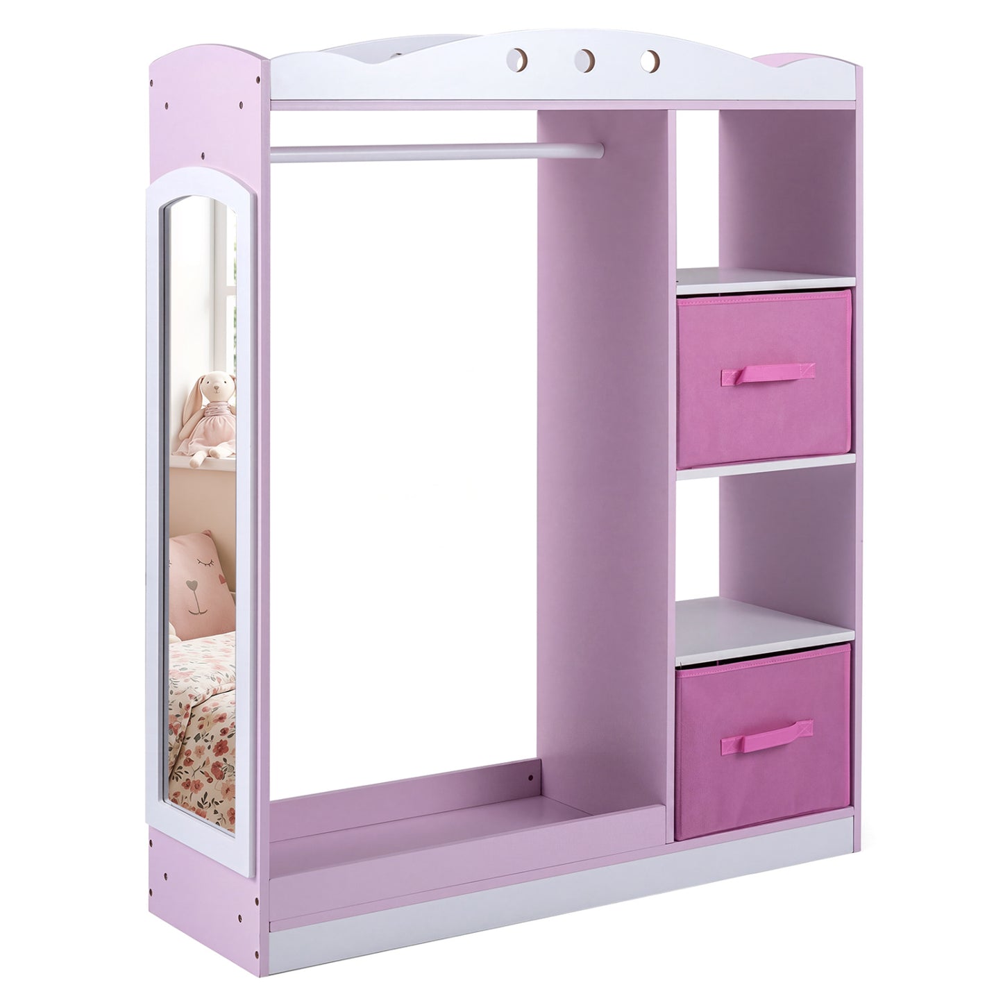 Pink kids dress-up storage unit with open shelves and full-length mirror, designed for toddler and kids organization.