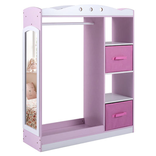 Pink kids dress-up storage unit with open shelves and full-length mirror, designed for toddler and kids organization.