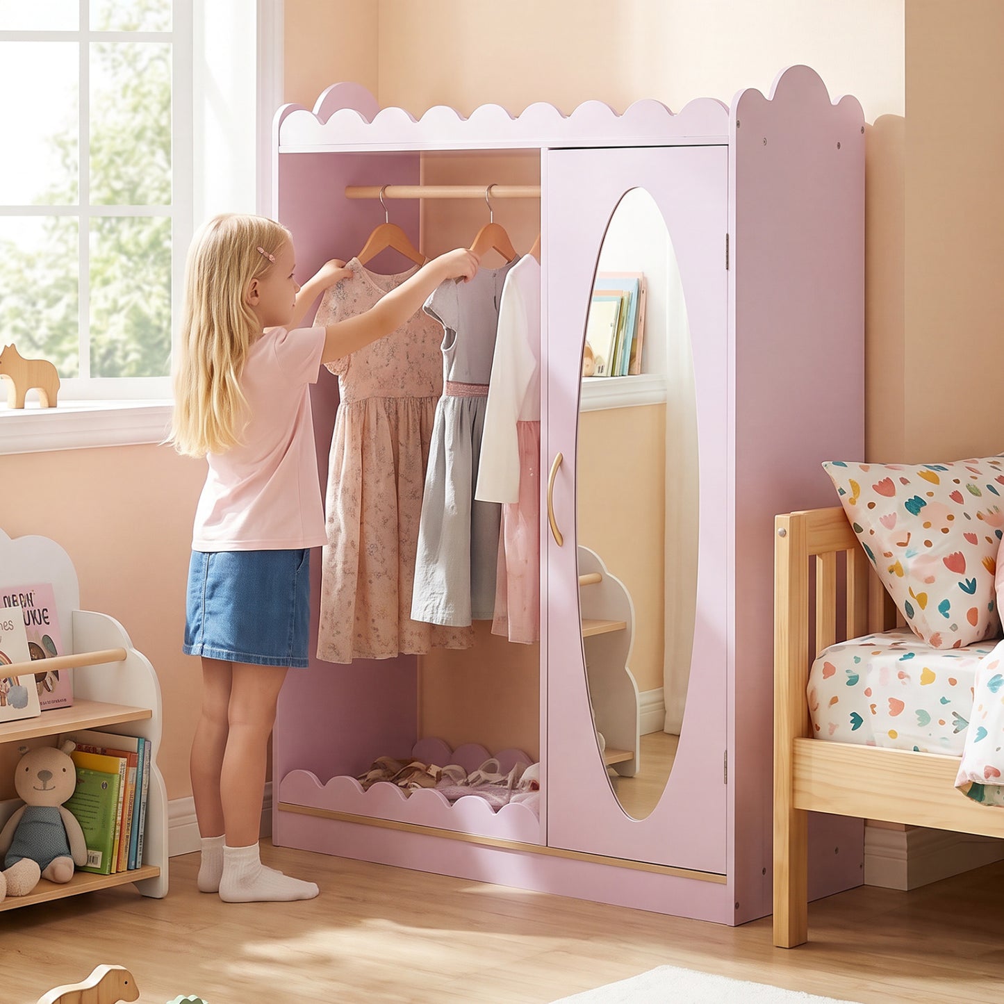 Pink kids dress-up storage cabinet with full-length mirror and door, designed for toddler and kids room organization.