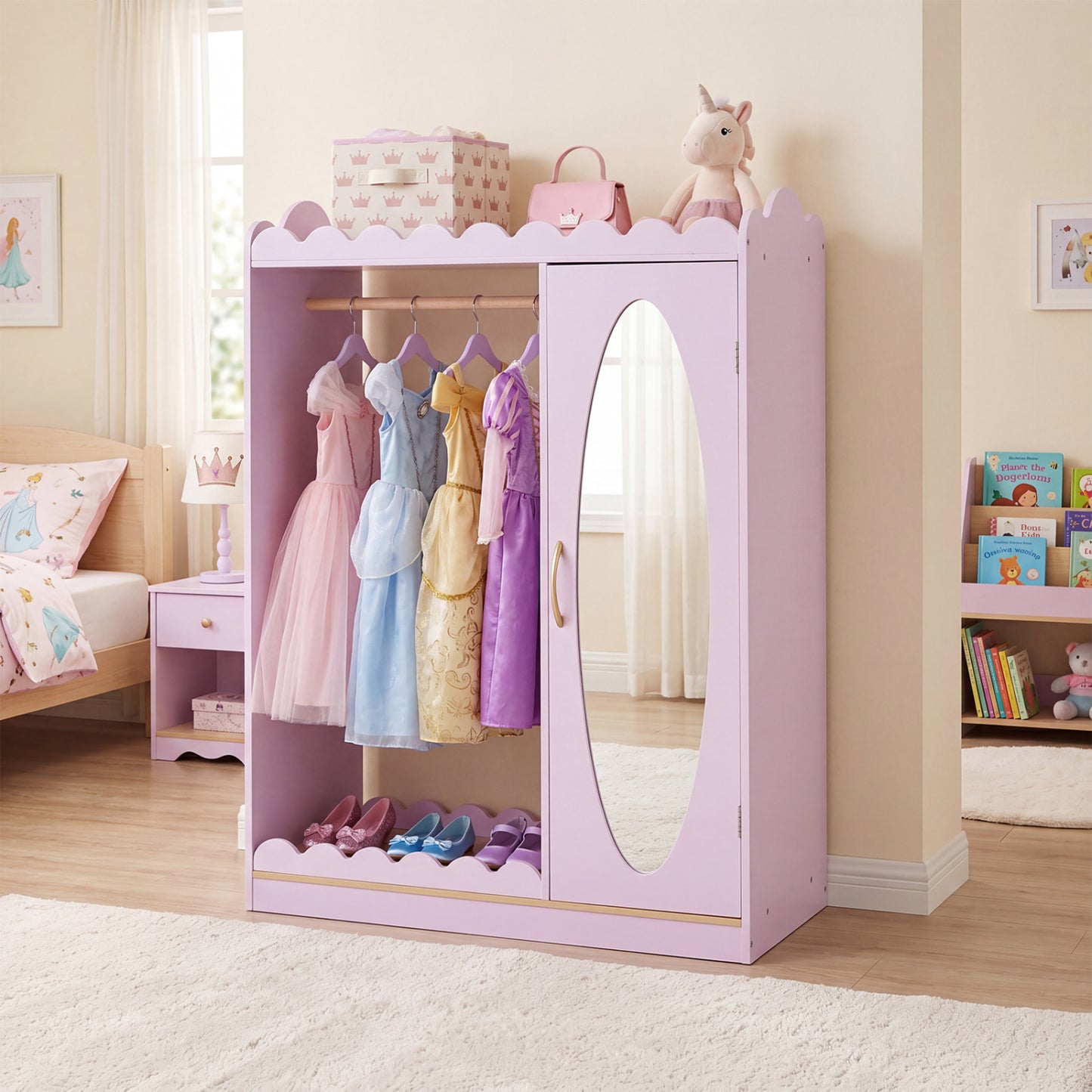Pink kids dress-up storage cabinet with full-length mirror and door, toddler and kids furniture by Wilsons Home Store
