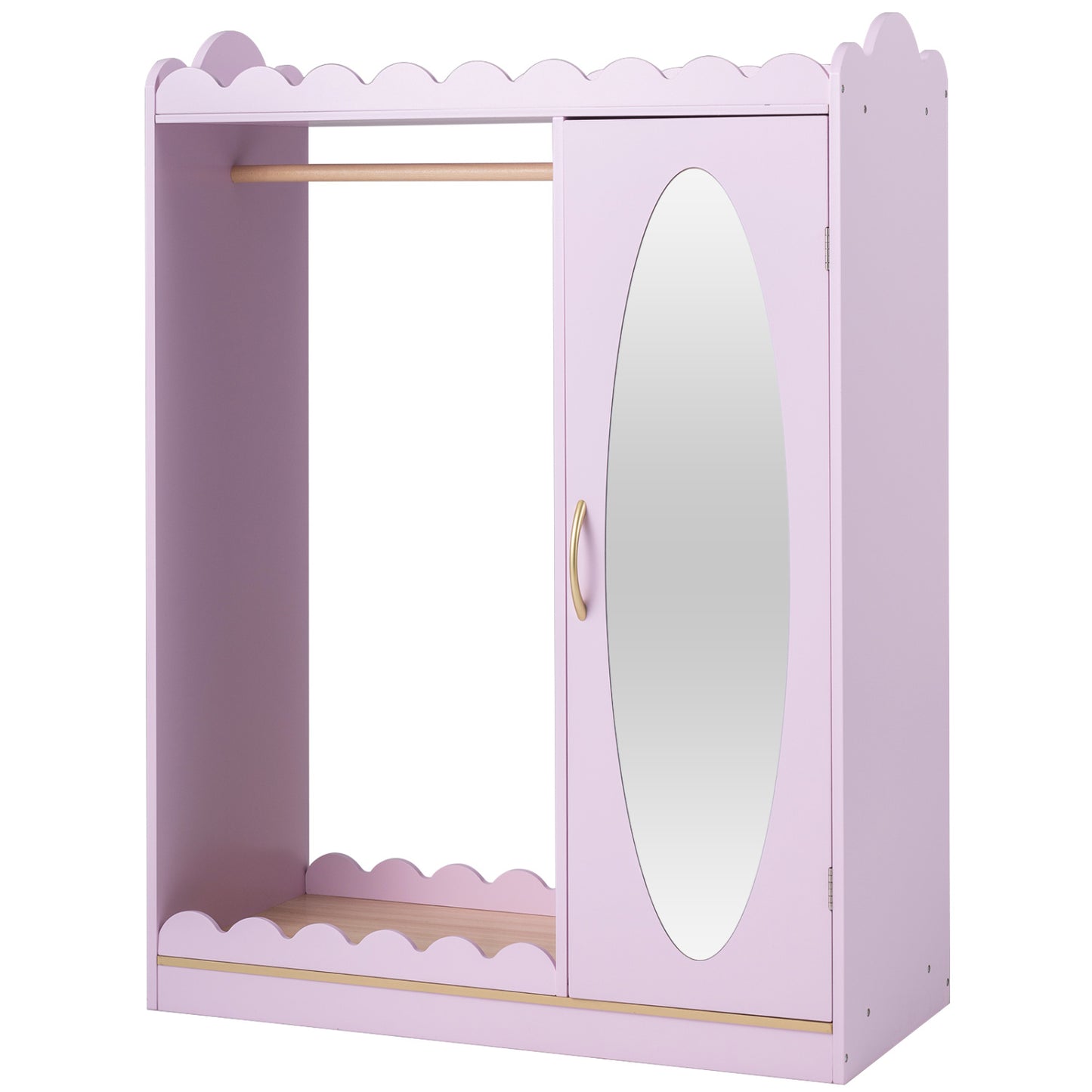 Pink kids' dress-up storage cabinet with full-length mirror and door, designed for toddler and kids' room organization.
