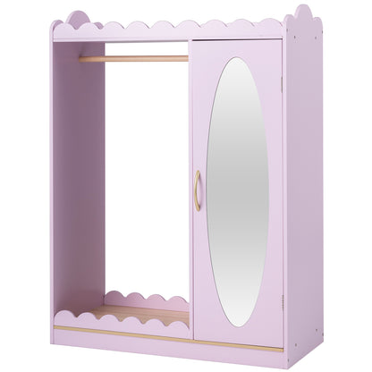 Pink kids' dress-up storage cabinet with full-length mirror and door, designed for toddler and kids' room organization.