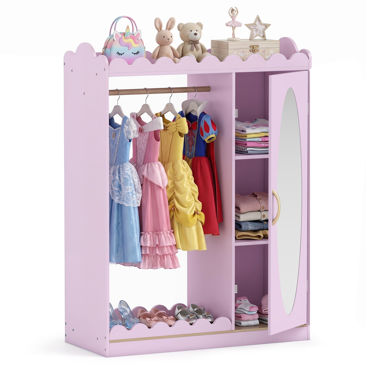 Pink kids dress-up storage cabinet with full-length mirror and door, ideal for toddler and kids' bedroom organization.