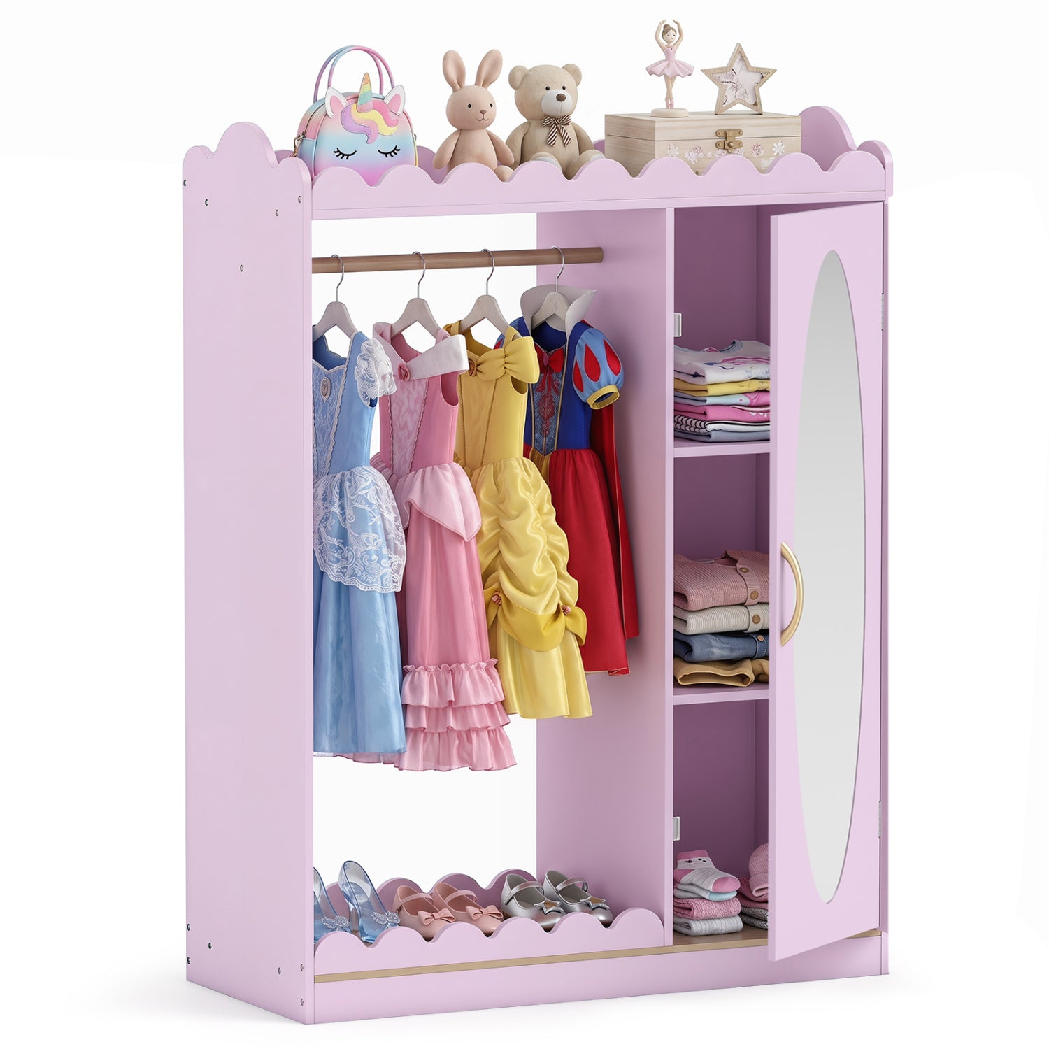 Pink kids dress-up storage cabinet with full-length mirror and door, ideal for toddler and kids' bedroom organization.