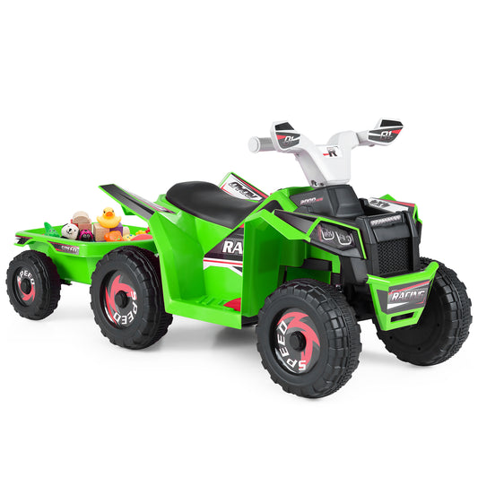 6V Kids Electric ATV Quad Car with Detachable Trailer-Green