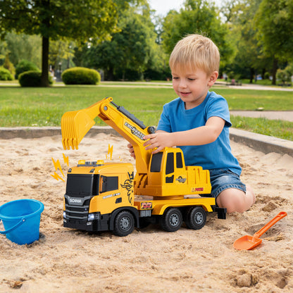 Kids Excavator Truck Toy with Adjustable Arm and Rotating Cab Licensed Scania-Yellow