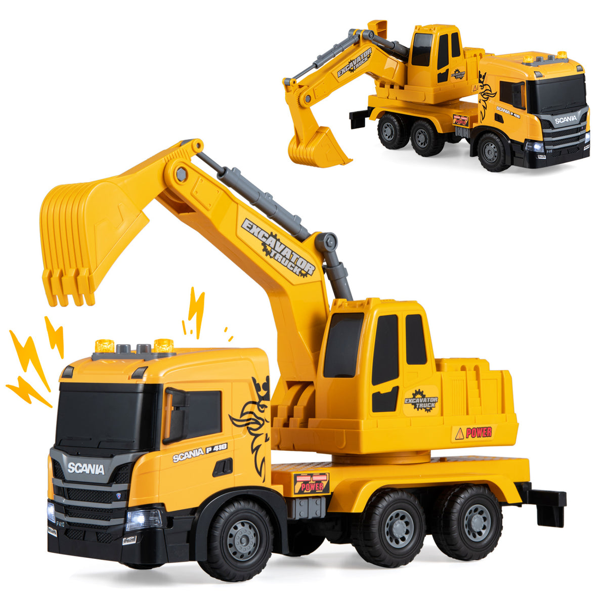 Kids Excavator Truck Toy with Adjustable Arm and Rotating Cab Licensed Scania-Yellow