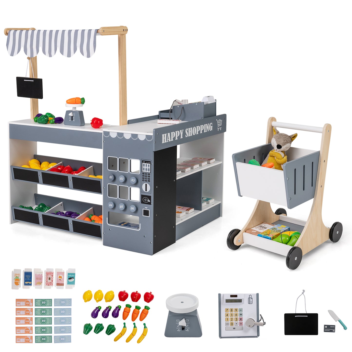 Kids Grocery Store Playset Wooden Pretend Play Supermarket with Shopping Cart-Gray