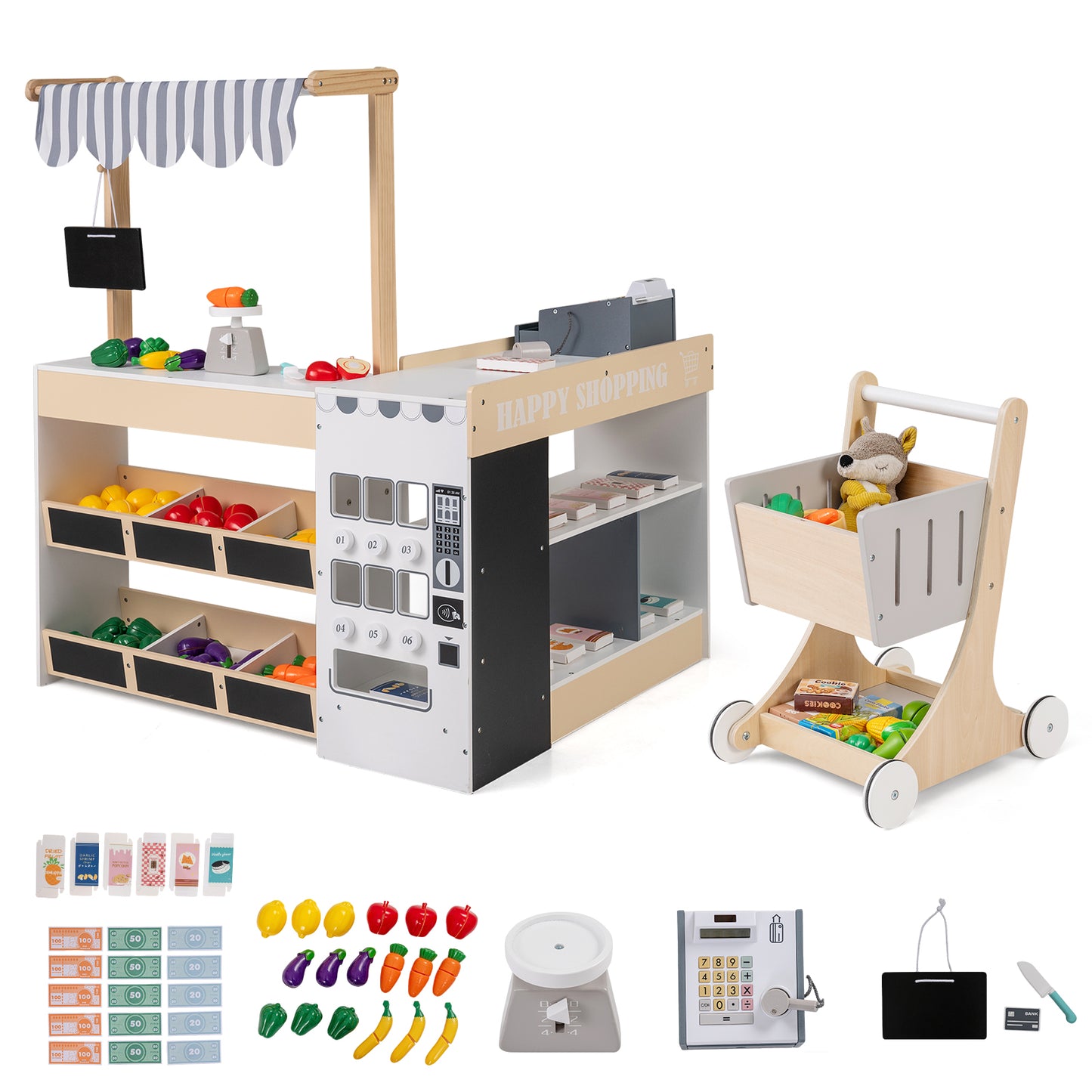 Kids Grocery Store Playset Wooden Pretend Play Supermarket with Shopping Cart-Gray