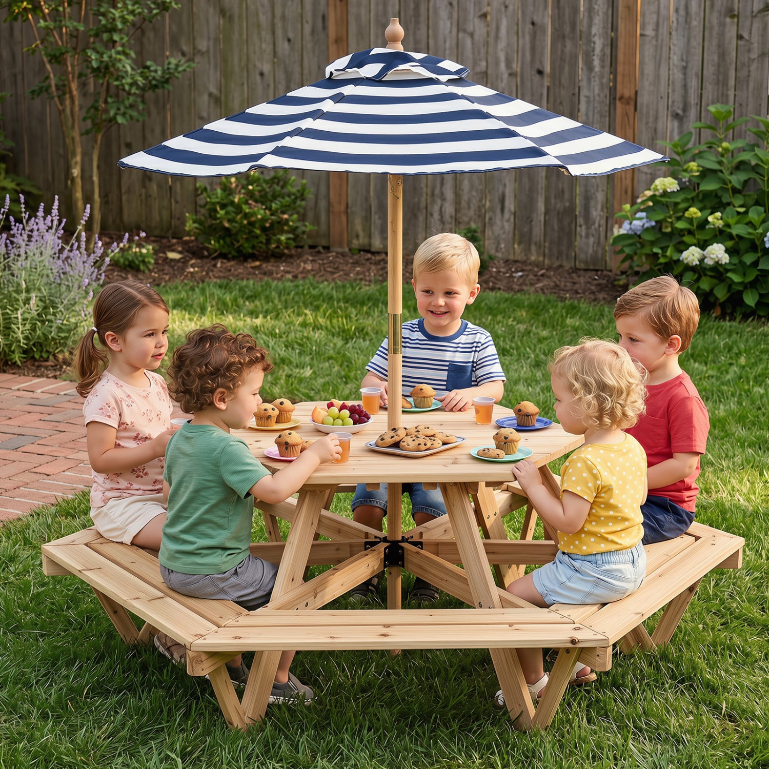 Kids hexagonal picnic table with adjustable umbrella and chairs, natural wooden finish, toddler and kid-friendly furniture set.