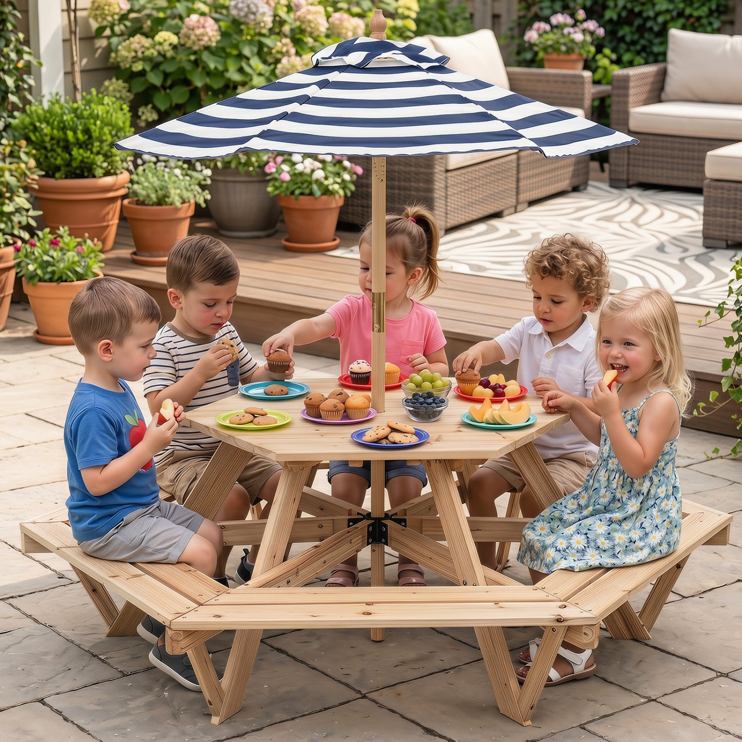 Kids hexagonal picnic table with adjustable umbrella and chairs, natural wood finish, toddler and kids furniture set.