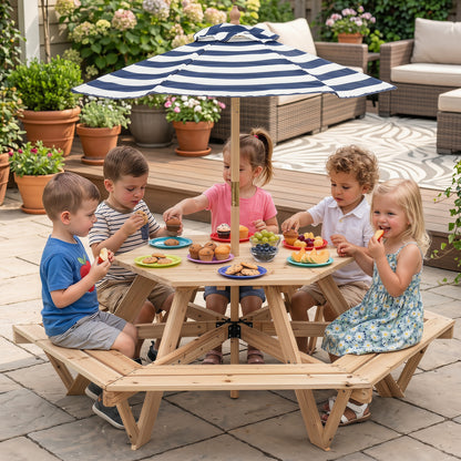 Kids hexagonal picnic table with adjustable umbrella and chairs, natural wood finish, toddler and kids furniture set.