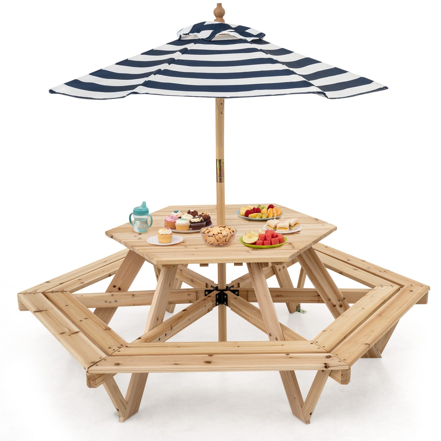 Kids hexagonal picnic table with adjustable umbrella and chairs, natural wood toddler and kids furniture set by Wilsons Home Store