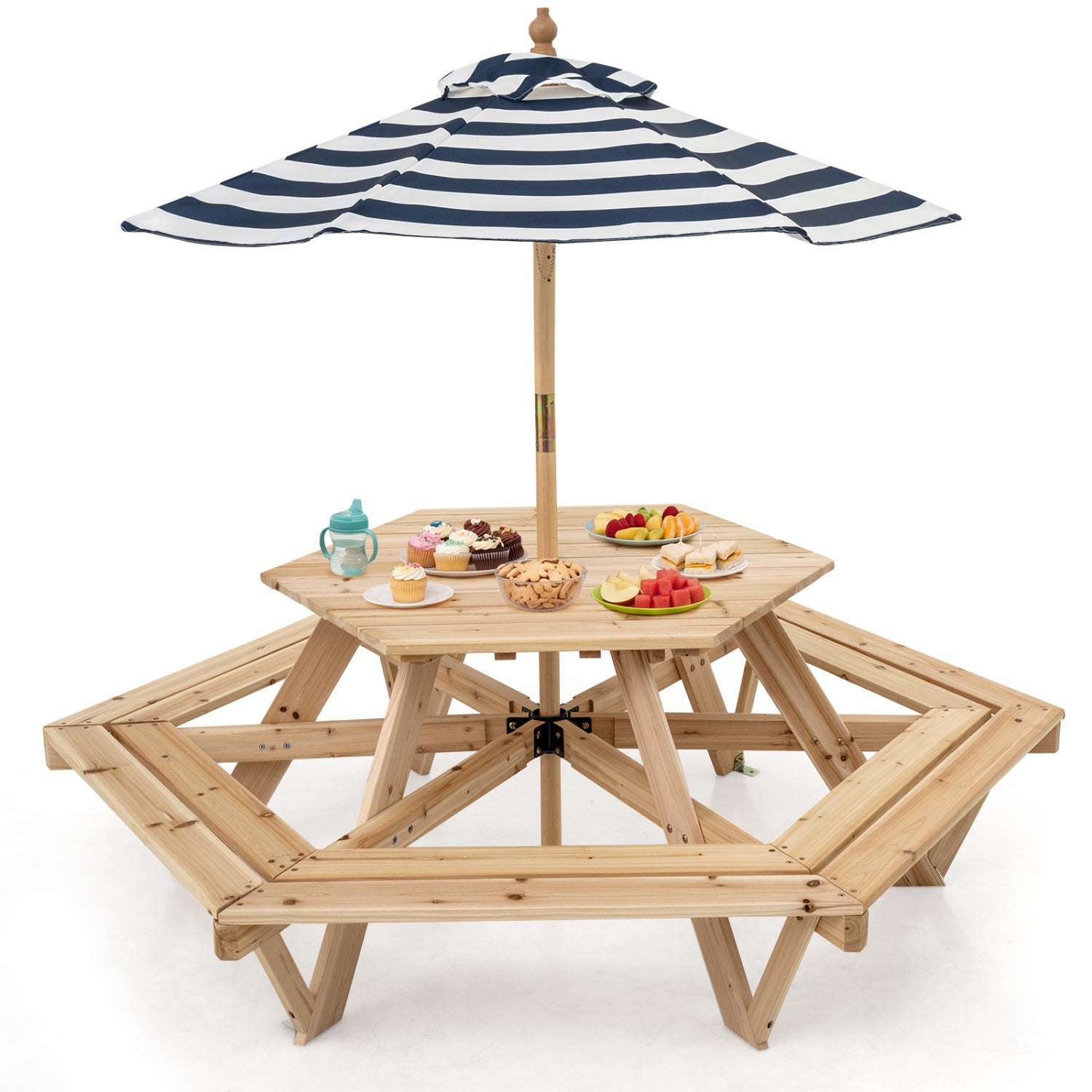 Kids hexagonal picnic table with adjustable umbrella and chairs, natural wood toddler and kids furniture set by Wilsons Home Store