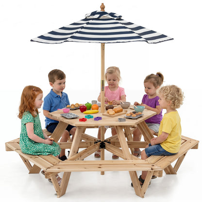 Kids hexagonal picnic table with adjustable umbrella and chairs, natural wood finish, toddler and kids furniture set.