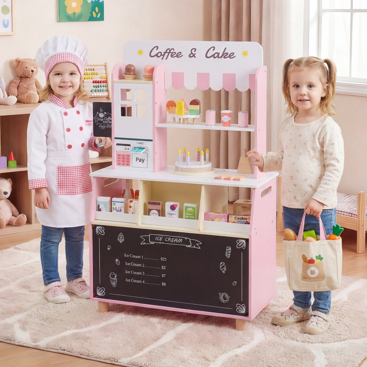 Kids ice cream shop play set with 27 accessories and ice cream machine, in blue, for children ages 3 and up, pretend kitchen toy.
