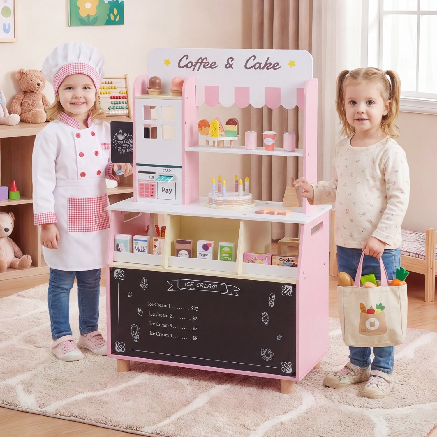 Kids ice cream shop play set with 27 accessories and ice cream machine, in blue, for children ages 3 and up, pretend kitchen toy.