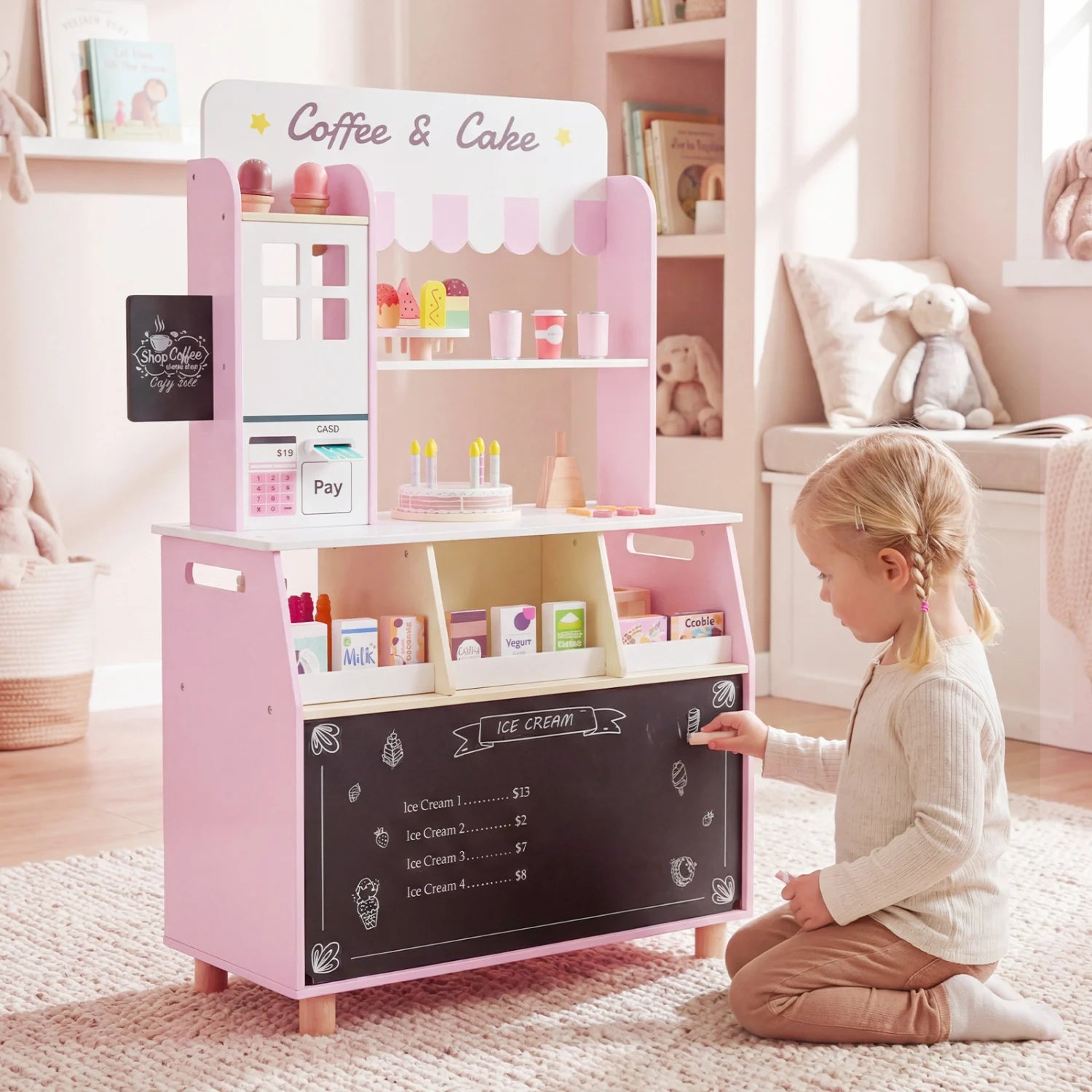 Kids ice cream shop playset with 27 accessories and ice cream machine, in blue, for ages 3+ from Wilsons Home Store.