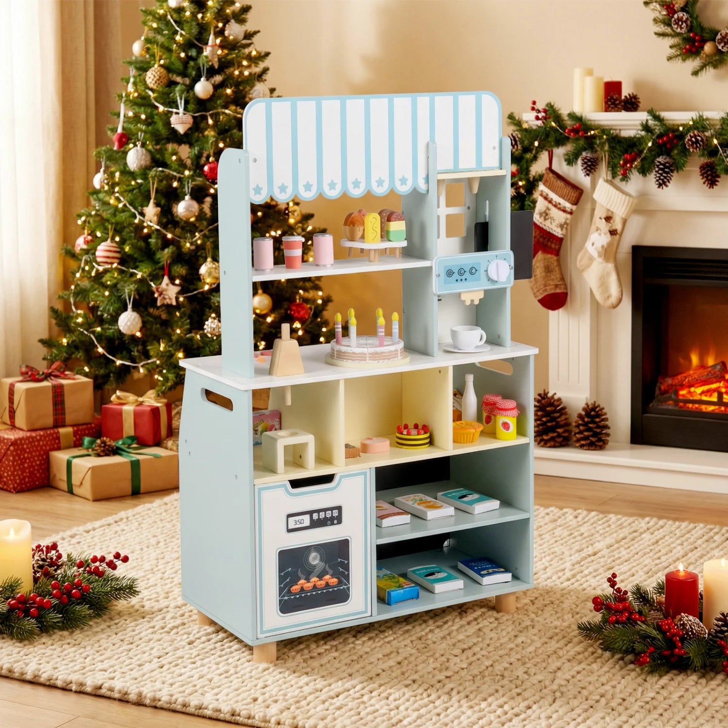 Kids ice cream shop playset with 27 accessories and ice cream machine, for children ages 3 and up, in blue.