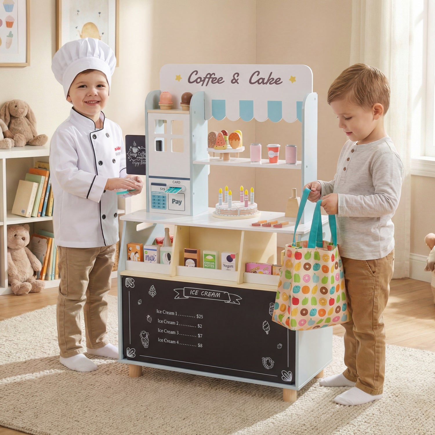 Kids ice cream shop playset with 27 accessories and ice cream machine, designed for children ages 3 and up, in blue color.
