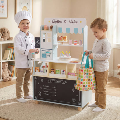 Kids ice cream shop playset with 27 accessories and ice cream machine, designed for children ages 3 and up, in blue color.