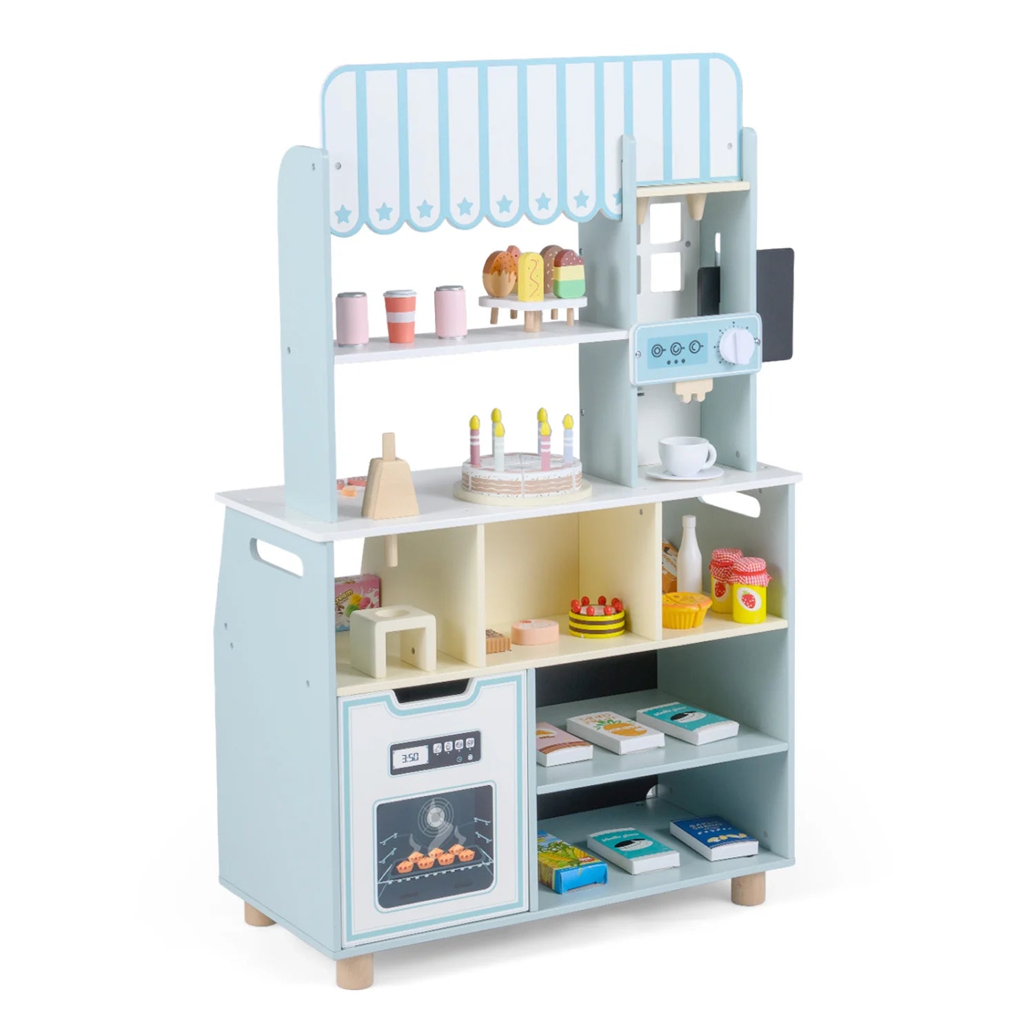 Kids ice cream shop playset with 27 accessories and ice cream machine, designed for children ages 3 and up, in blue color.