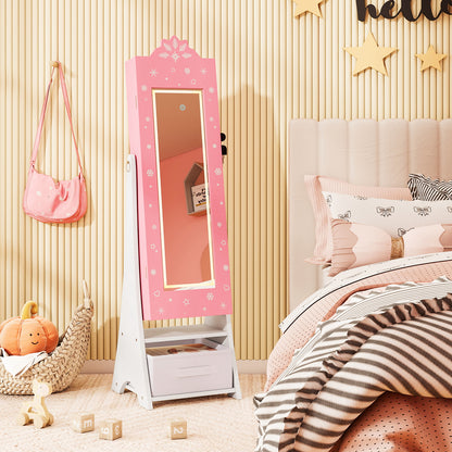 Kids Jewelry Armoire Freestanding Jewelry Cabinet with 3-Color Lighted Full Length Mirror-Pink