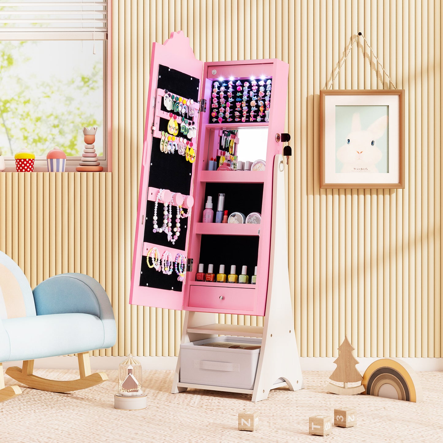 Kids Jewelry Armoire Freestanding Jewelry Cabinet with 3-Color Lighted Full Length Mirror-Pink