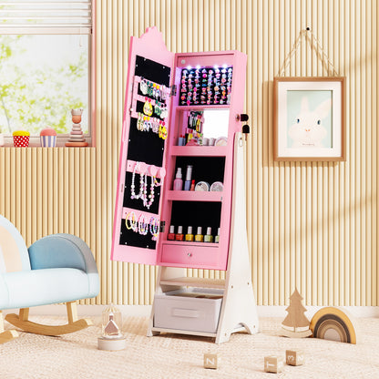 Kids Jewelry Armoire Freestanding Jewelry Cabinet with 3-Color Lighted Full Length Mirror-Pink