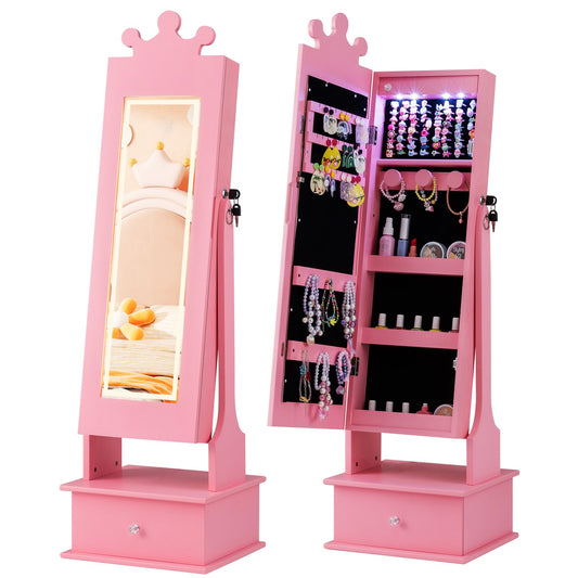 Kids Jewelry Armoire with 3-Color Lighted Full Length Mirror and Inside Led Lights-Pink