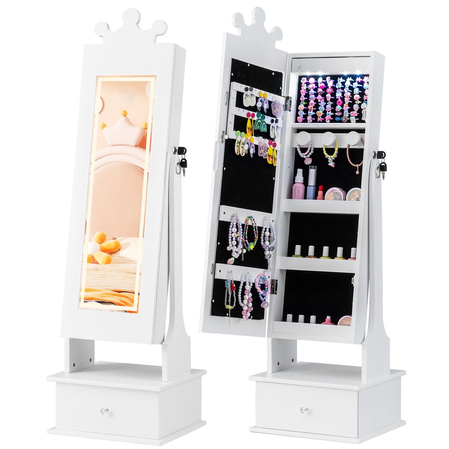 Kids Jewelry Armoire with 3-Color Lighted Full Length Mirror and Inside Led Lights-Pink