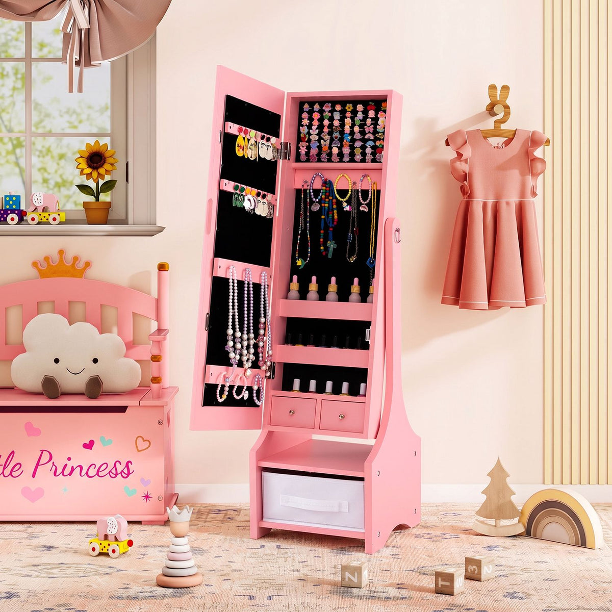 Kids Jewelry Armoire Cabinet with LED Light and Full-Length Mirror Storage Slots-Pink