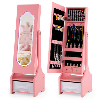 Kids Jewelry Armoire Cabinet with LED Light and Full-Length Mirror Storage Slots-Pink