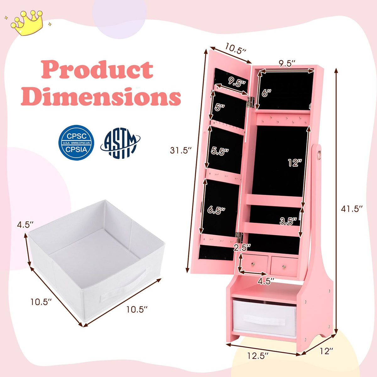 Kids Jewelry Armoire Cabinet with LED Light and Full-Length Mirror Storage Slots-Pink