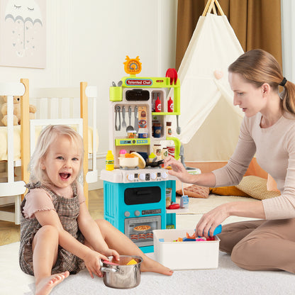 Kids Kitchen Playset Pretend Play Kitchen with Realistic Sounds and Lights-Blue