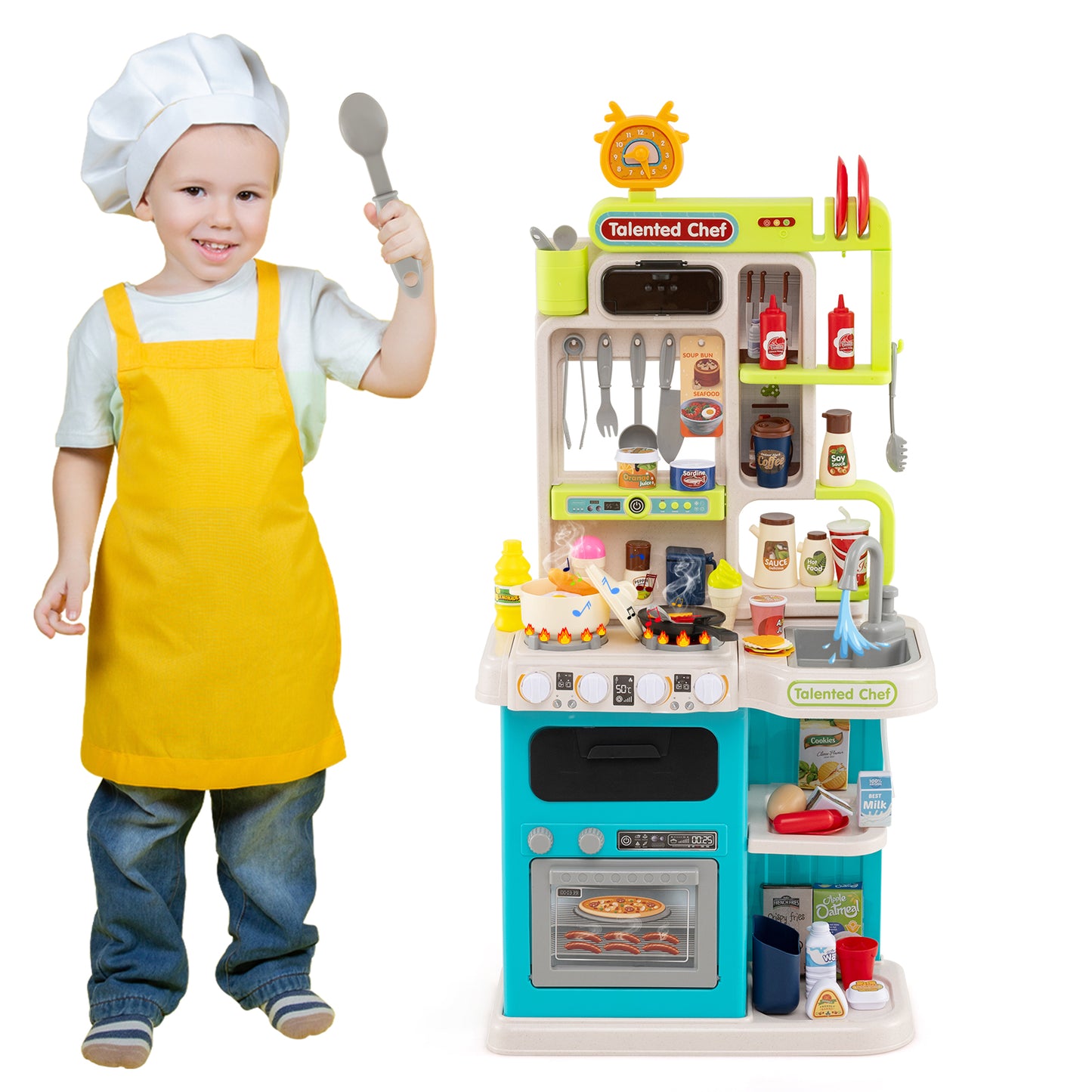 Kids Kitchen Playset Pretend Play Kitchen with Realistic Sounds and Lights-Blue