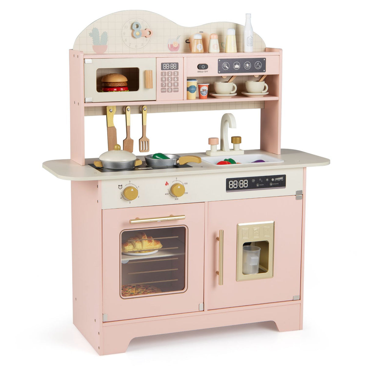 Kids Kitchen Playset with 17 Pcs Accessories and Oven Ice Maker and Stove-Pink