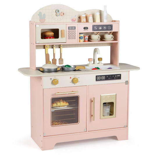 Kids pink kitchen playset with 17 accessories, oven, ice maker, and stove, designed for pretend cooking fun.