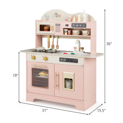 Kids Kitchen Playset with 17 Pcs Accessories and Oven Ice Maker and Stove-Pink